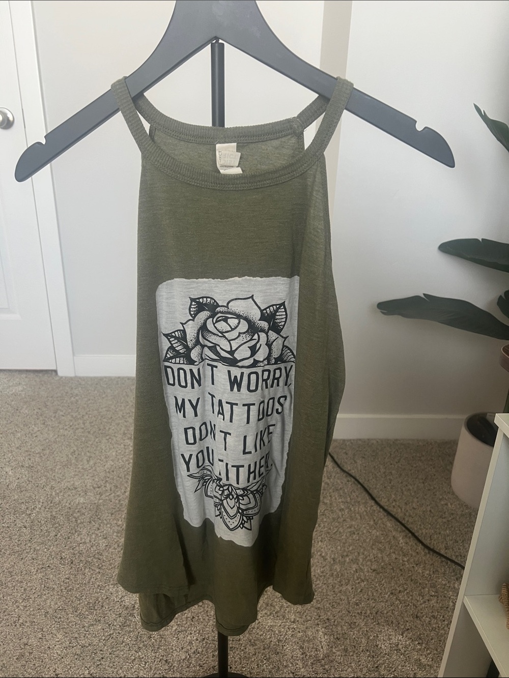 Olive Green Graphic Tank with Rose Tattoo Print